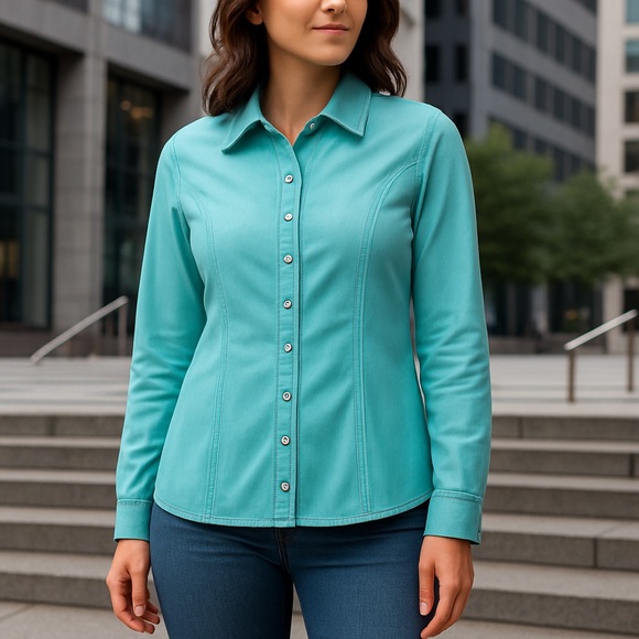 Christopher & Banks Turquoise Pearl Snap Stretch Denim Jacket Size EUC XL #659 - Picture 1 of 11